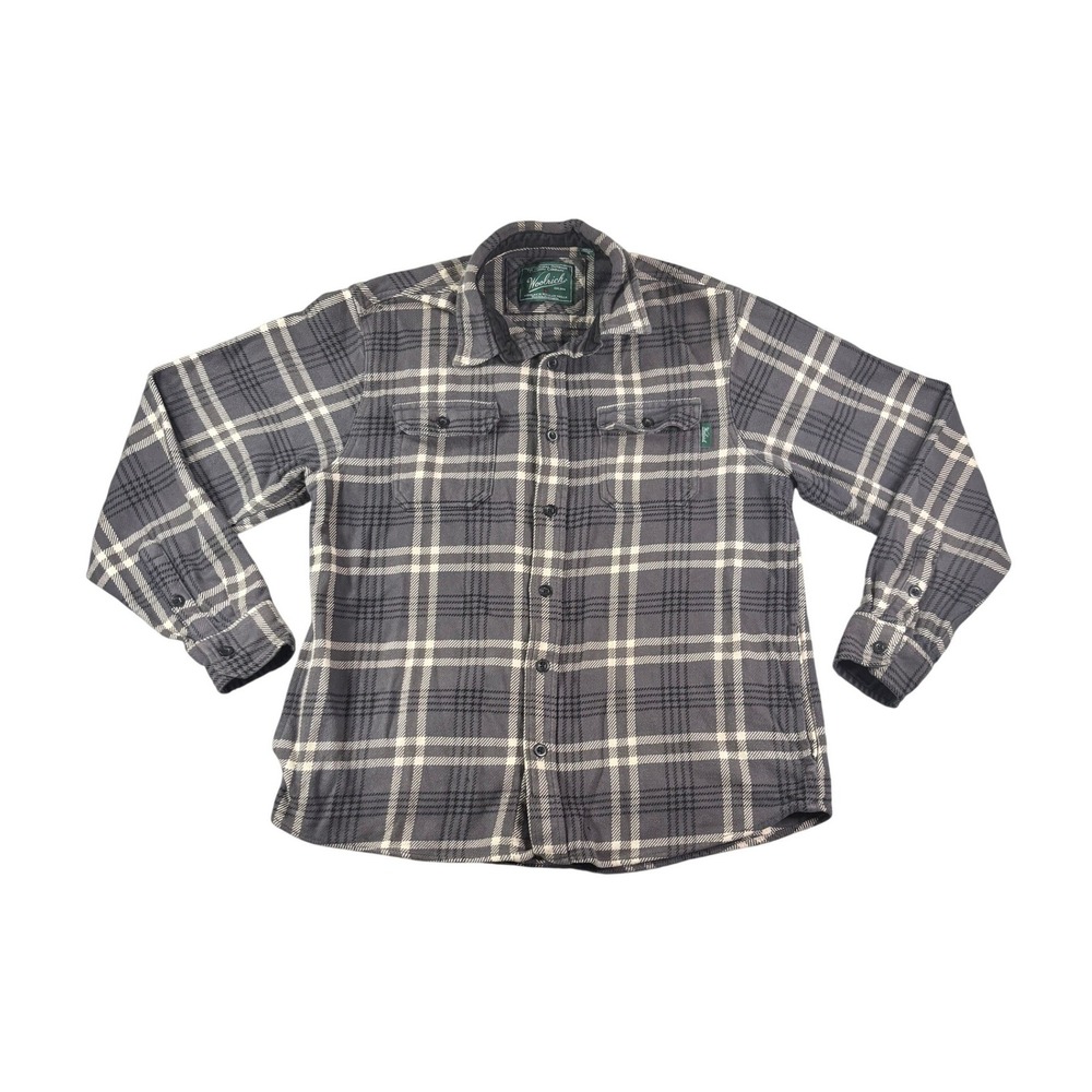 Woolrich Mens Gray White Plaid Flannel Button Down Shirt Size Large Long Sleeve
